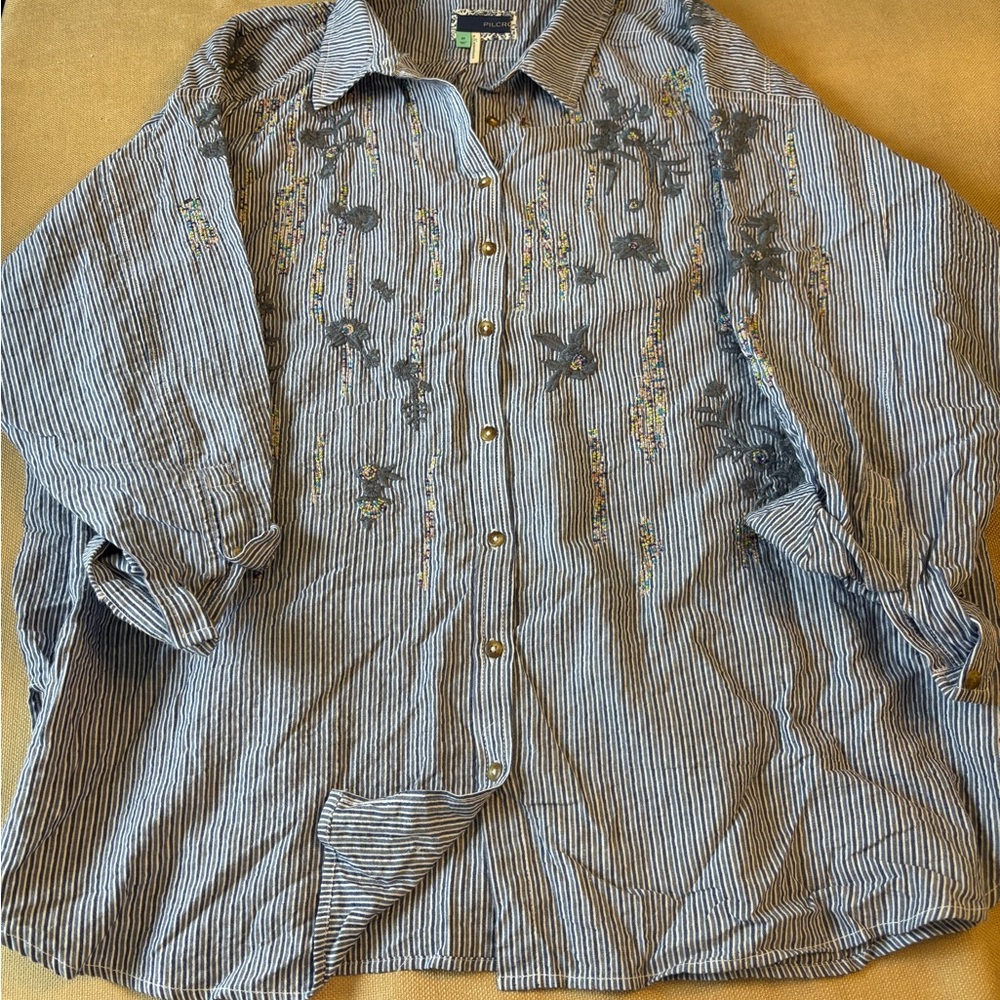 Pilcro Blue & White Striped Button-Down with Floral Embroidery